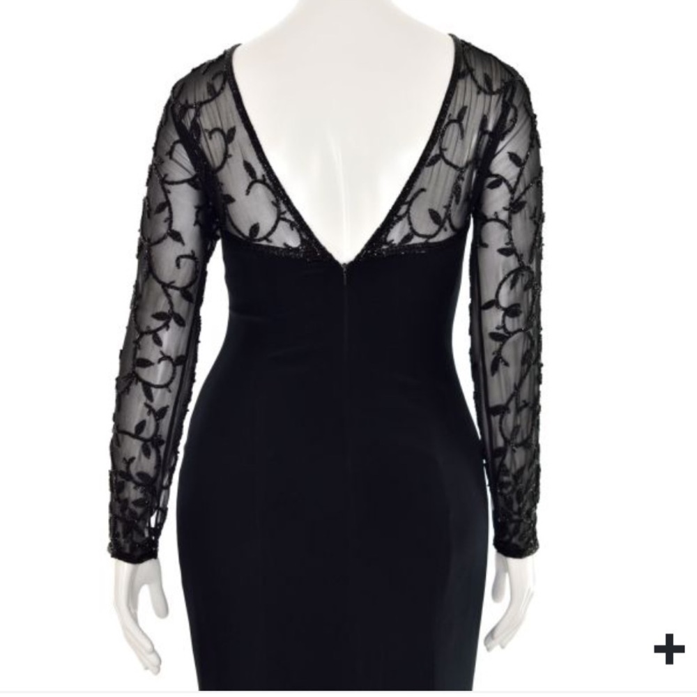 Vintage EUC Oleg Cassini Black Long Sleeve Semi Sheer Beaded Dress Low Cut Back - Picture 2 of 13